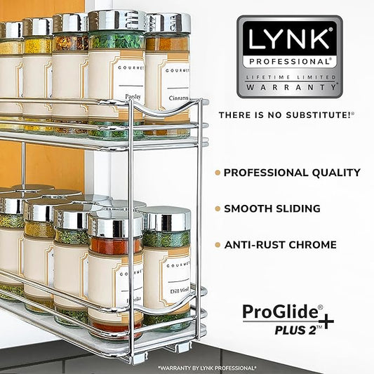 LYNK PROFESSIONAL® Pull Out Spice Rack Organizer for Inside Kitchen Cabinets - 4-3/8 inch Wide - Slide Out Drawer – Chrome Sliding Spice Cabinet Organization Shelf Racks - 2 Tier