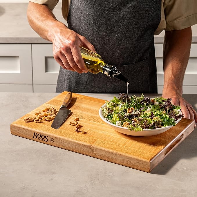 John Boos R-Board Series Rectangular Wooden Maple Cutting Board 18”x12” – 1.5” Thick, 10-lb Reversible Butcher Block with Edge-Grain & Finger Grips – Made in the USA