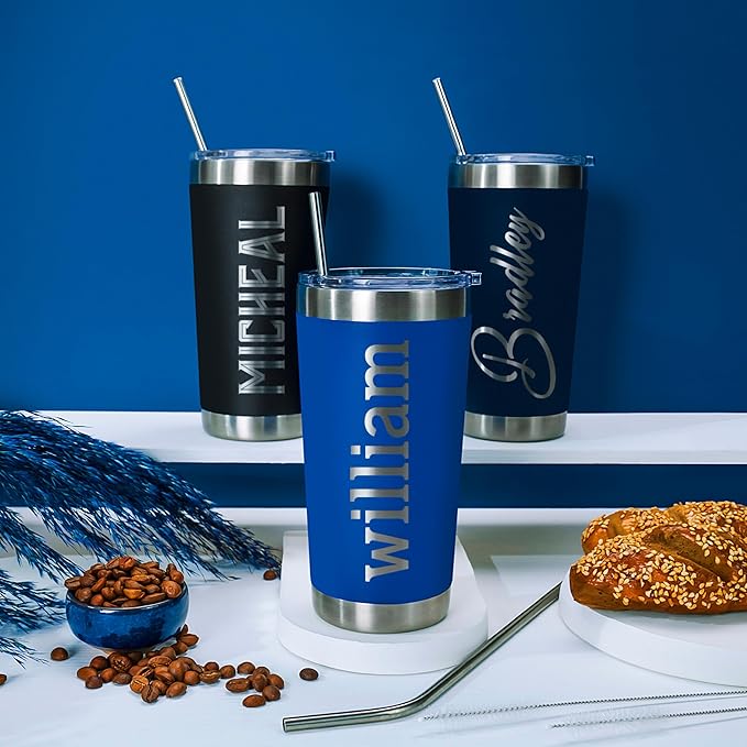 Personalized Tumblers, Stainless Steel 20 oz Tumbler w/Lid |13 Different Designs| Personalized Cups Double Walled Insulated Coffee Cup for Travel - Royal Blue