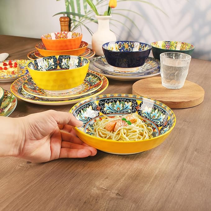 Mandala Dinnerware Sets (16 PCS) Serves for 4, Porcelain Dishes Set, Microwave and Dishwasher Safe, Scratch Resistant, Bohemian Style Dining Ware Service for 4, Colorful No.3
