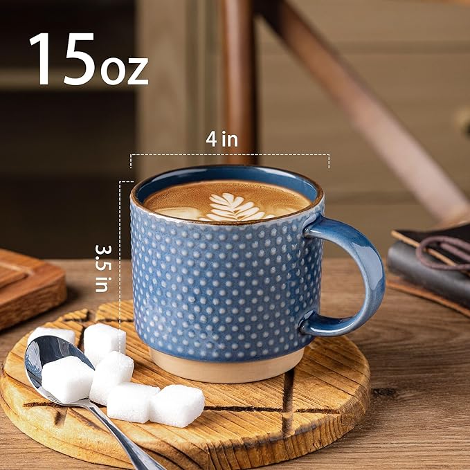 GBHOME 15OZ Stackable Coffee Mugs, Ceramic Coffee Cups with Texture Patterns for Man,Woman,Dad,Mom, Modern Mugs Set of 4 for Latte/Cappuccino/Cocoa. Dishwasher&Microwave Safe, Blue