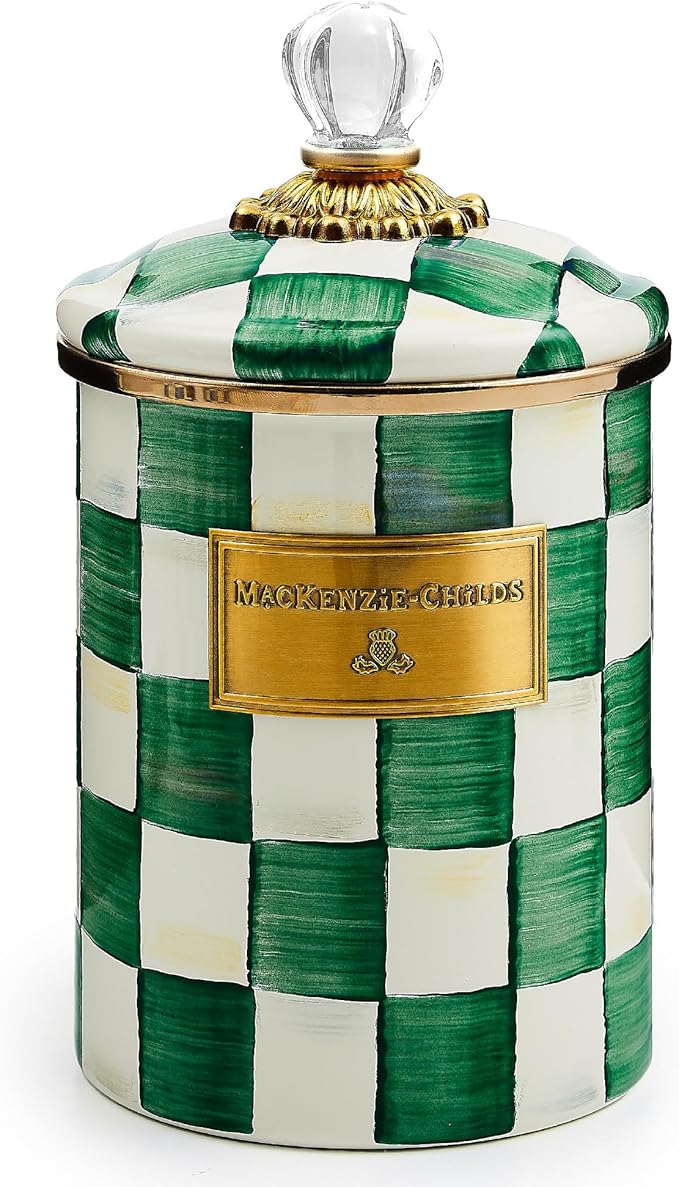 MACKENZIE-CHILDS Medium Enamel Canister, Kitchen Storage Container with Lid, Green-and-White Emerald Check