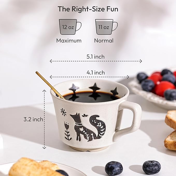 Ceramic Coffee Mug, 12 oz Novelty Unique Teacup with Handle, Stoneware Cup for Tea Mocha Latte Cappuccino Espresso (Set of 2, Fox and Bear)