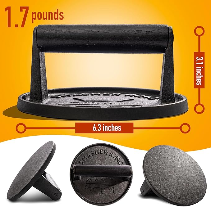 SMASHER KING™ - Premium Cast Iron Smash Burger Press incl. 25 pcs of Patty Paper, Burger Smasher for Griddle with Black Wood Handle, Perfect Hamburger Press