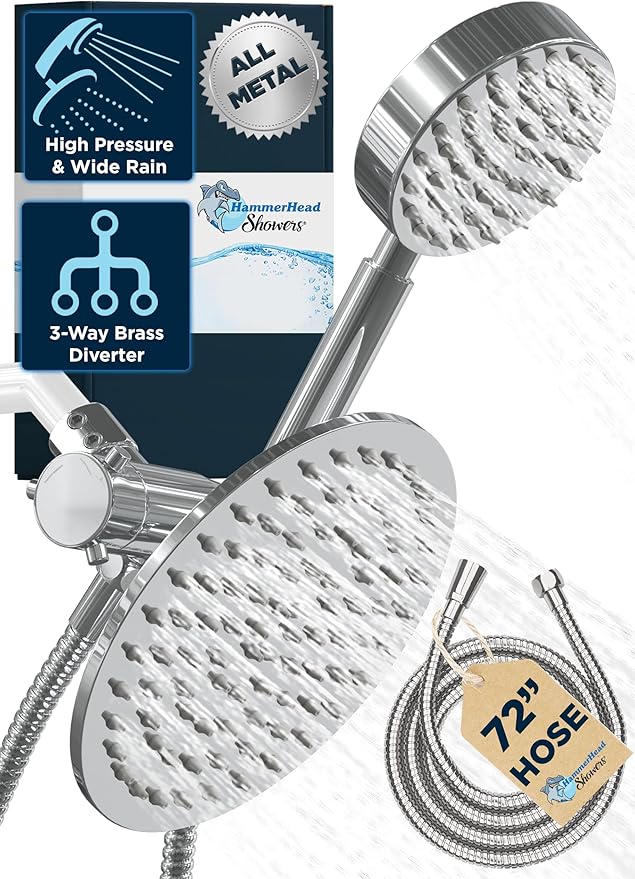HammerHead Showers® Solid Metal Dual Shower Head Combo – CHROME – 8 Inch Rainfall High Flow Shower Head & Handheld Shower Head High Pressure with Hose 6ft - Hotel-Like Double Shower Heads