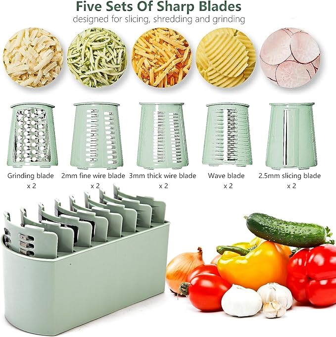 Rotary Cheese Grater with Handle: 5-in-1 Cheese Grater Hand Crank, Strong Suction Base for Fruit Vegetables Nuts with Blade Storage Box (Green)