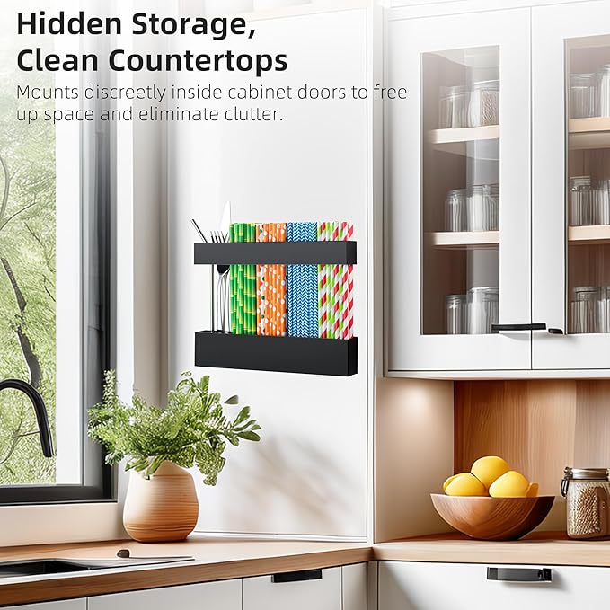 CIEO Straw Organizer for Cabinet Door Storage, 9.5" Large Acrylic Holder for Reusable Tumbler Straws Chopsticks Spoons, Adhesive Under Cabinet Mount Kitchen Container（Black）