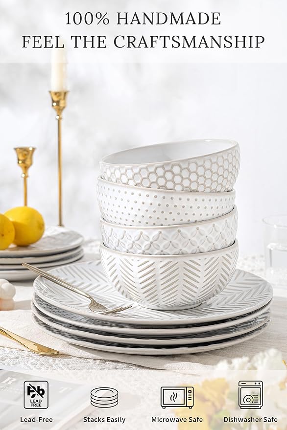 12 Piece Embossed Dinnerware Sets for 4, Elegant Plates and Bowls Sets, Microwave & Dishwasher Safe, Stoneware for Stylish Home Dining–Perfect Housewarming Gift for Busy Families & Hostesses