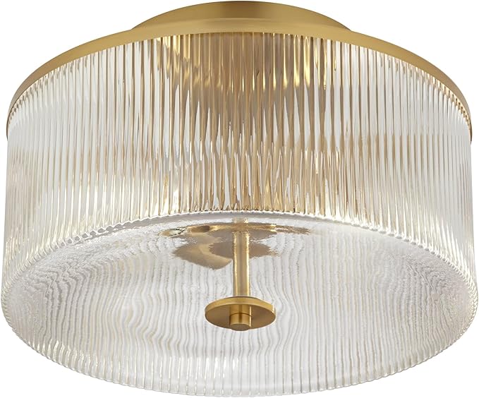 Possini Euro Design McKenzie 14" Mid Century Modern 2-Light Semi Flush-Mount Ceiling Light Fixture Kitchen Foyer Hallway Drum Round Warm Brass Finish Ribbed Glass Metal Bedroom Bathroom Entryway