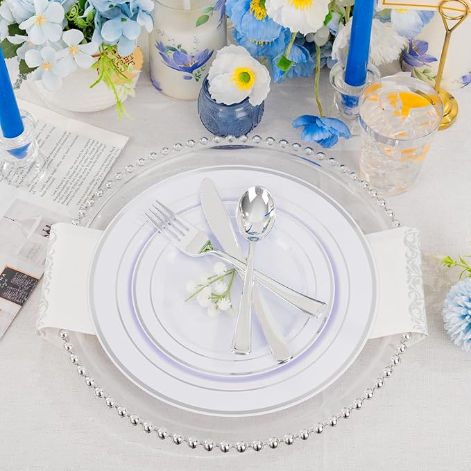Supernal 800Pcs Silver Plastic Plates,Silver Plastic Dinnerware Set,Disposable Silvery Plates Include 100 Dinner Plate,100 Salad Plate,100 Spoons,200 Forks,100 Knives,100 Cups,100 Napkins for Party
