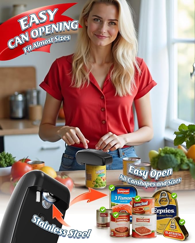 HuiJuKeJi LED Automatic Can Opener, Hands-Free One-Touch Operation Electric Can Opener, Auto-Stop Smooth Edge Safety & USB Rechargeable for Seniors Arthritis Effortless Opening Kitchen Gadget Gift