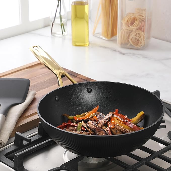 Oster Platinum Abbottsford 11-Inch Matte Black Ceramic Nonstick Wok with Gold Stainless Steel Handle — Flat Bottom, Oven & Induction Safe