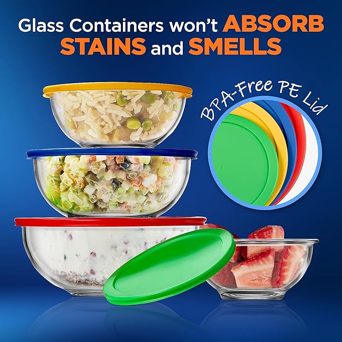 NutriChef 4‑Piece Glass Mixing Bowls with Lids – Premium Borosilicate Glass Bowl Set (1 QT‑3.7 QT) – Non‑Toxic Bowls with Airtight Lids for Mixing, Baking, Serving & Storage