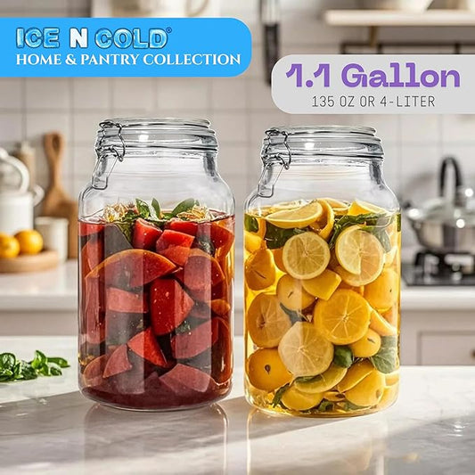 Airtight Glass Storage Jars with Clamp Lid - Food Storage Containers with Rubber Gasket Seal – Pantry & Kitchen Canisters for Dry Goods, Coffee, Sugar, Pasta -135oz | 4L | 1 GAL (2pk)