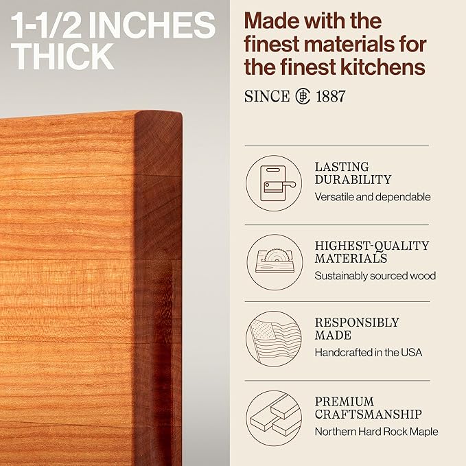 John Boos R-Board Series Rectangular Wooden Cherry Cutting Board 18”x12” – 1.5” Thick, 7-lb Reversible Butcher Block with Edge-Grain & Finger Grips – Made in the USA