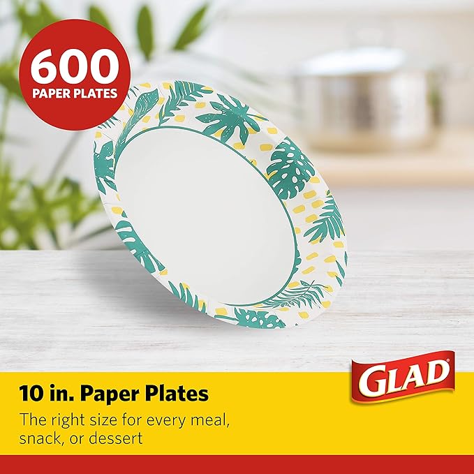 Glad Round Disposable Paper Plates, Palm Leaves Pattern - Strong, Sturdy, Soak Proof, and Microwavable Decorative Plates for Dinner and Everyday Use, 10 Inch, 50 Count - 12 Pack