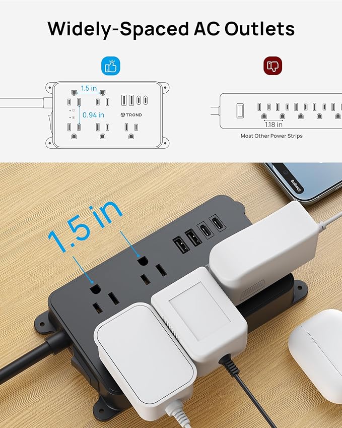 TROND Surge Protector Power Strip with 360° Rotating Plug, 10ft Extension Cord, ETL Listed, 5 Widely-Spaced Outlets with 4 USB Ports, 1300J Surge Protector, Wall Mountable, for Home Office, Black