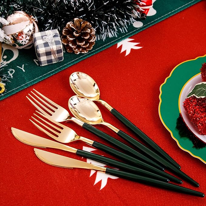 WDF 30Guest Christmas Plates Disposable - Gold Plastic Silverware With Green Handle - Baroque Green &Gold Plastic Dinnerware for Christmas Plates Party