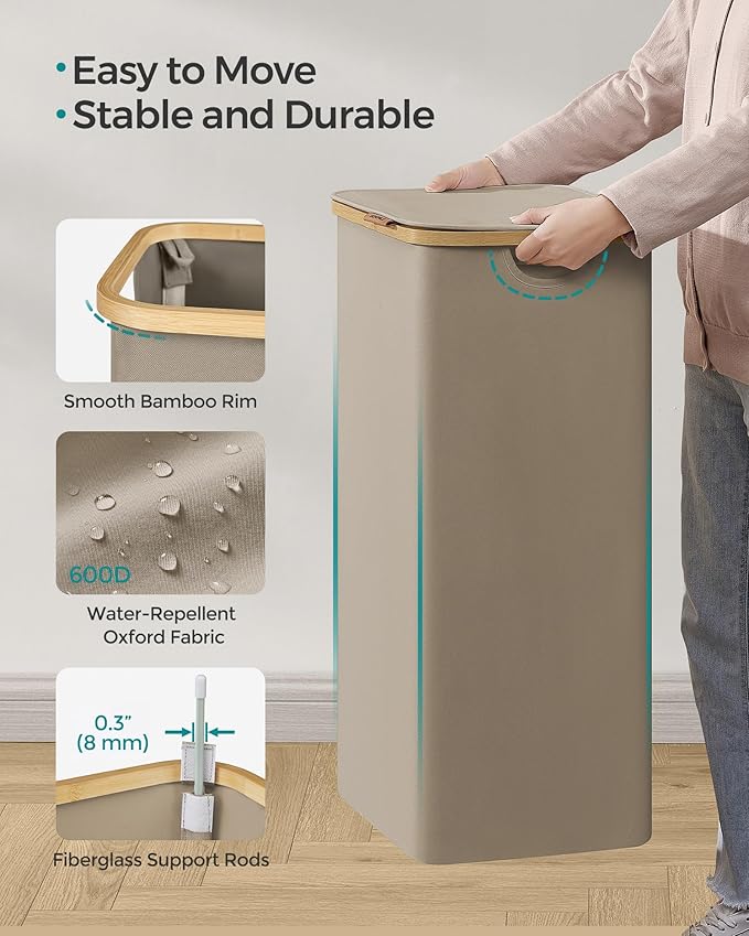 SONGMICS Laundry Hamper with Lid, Large Laundry Basket, 23.8 Gallons (90L), Removable Mesh Liner, Bamboo Handles, Collapsible, 16.5 x 12.6 x 27.8 Inches, Camel Brown ULCB509N01