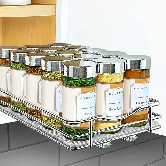LYNK PROFESSIONAL® Pull Out Spice Rack Organizer for Inside Kitchen Cabinets - 6-3/8 inch Wide - Slide Out Drawer – Chrome Sliding Spice Cabinet Organization Shelf Racks - 1 Tier