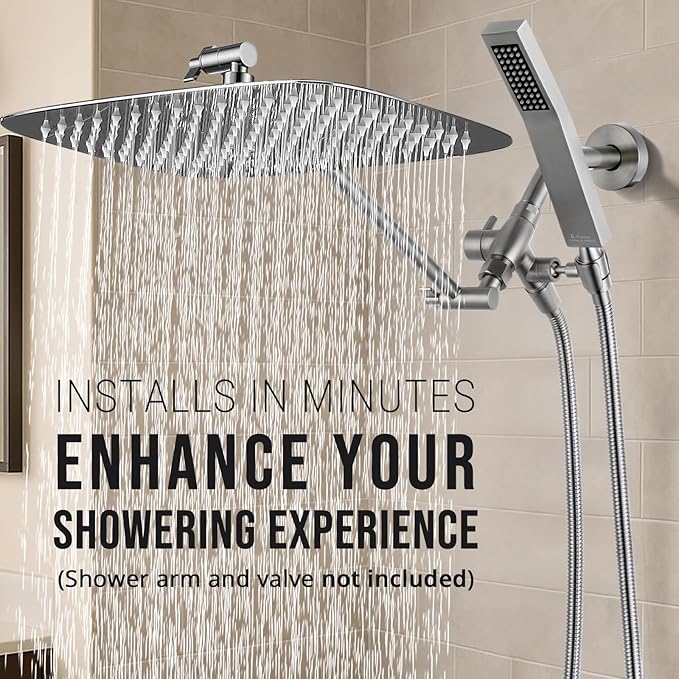 G-Promise All Metal 16 Inch Dual Square Shower Head with Handheld Spray Combo, Rain Shower Head, Adjustable Extension Arm, 3-Way Diverter, 71 Inch Extra Long Hose - A Bathroom Upgrade(Brushed Nickel)