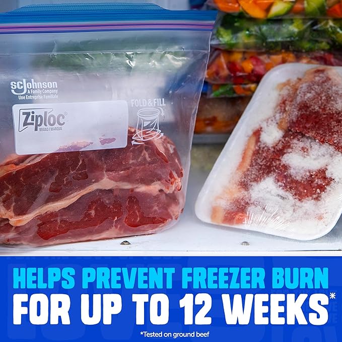 Ziploc Quart Food Storage Freezer Bags, Stand-Up Bottom, Easy to Fill, 60 Count (Packaging May Vary)