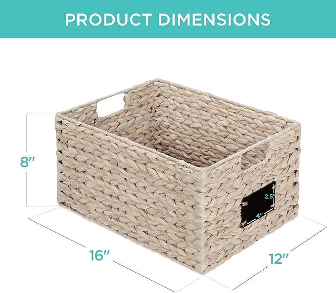 Best Choice Products Pantry Baskets Set of 2 16x12in Water Hyacinth Storage Baskets, Woven Wicker Kitchen Organizers with handles w/Chalkboard Label Chalk Marker - White