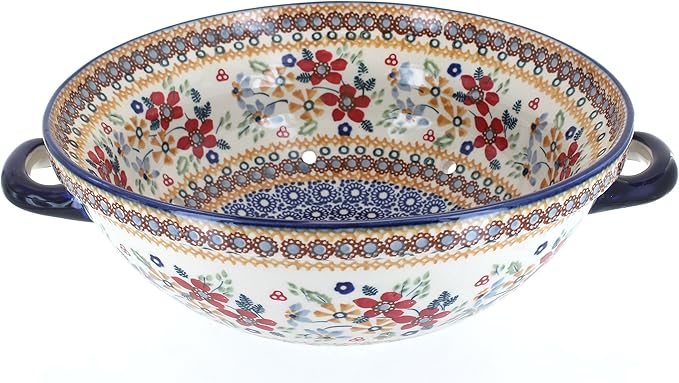 Blue Rose Polish Pottery - Red Daisy Colander - 11" x 9.5" - Ceramic Colander with Drain Holes