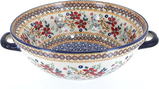 Blue Rose Polish Pottery - Red Daisy Colander - 11" x 9.5" - Ceramic Colander with Drain Holes