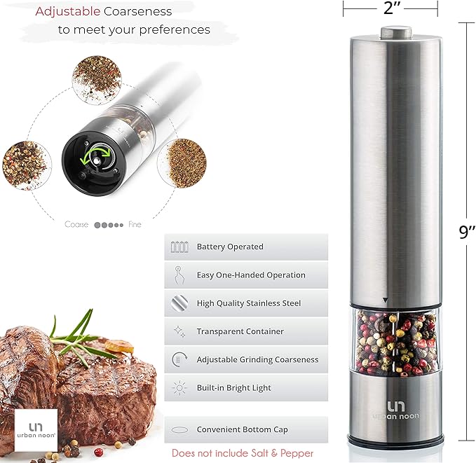 Electric Salt and Pepper Grinder - Single Battery Operated Stainless Steel Salt or Pepper Mill with Light - Automatic One Handed Operation with Adjustable Ceramic Grinder