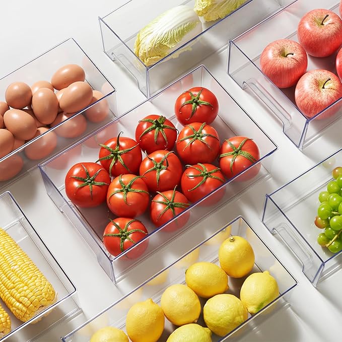 2 Pack Clear Stackable Refrigerator Organizers and Storage Drawers - Pull-Out Fridge Bins with Anti-Slip Base & Easy Clean, Plastic Organizers for Kitchen Pantry Cabinet Closet (Medium)