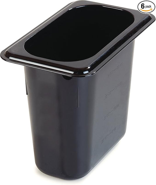 Carlisle FoodService Products Storplus Food Storage Container Food Pan, Chafing Pan for Catering, Buffets, Restaurants, Polycarbonate (Pc), 1/9 Size 6 Inches Deep, Black, (Pack of 6)