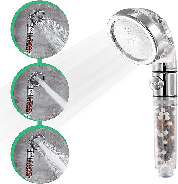 Original StoneStream EcoPower High Pressure Handheld Shower Head with ON OFF switch- 3 Spray Settings with Hose, Wall Adapter and Replacement Beads