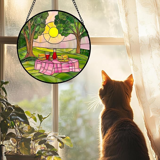 Stained Glass Window Hanging 4 Pcs Set Pink Green Spring Saplings Flowers 7.8" - Suncatcher Door Garden Sun Catcher Home Decor Mother's Day for Woman Nana Mom Men