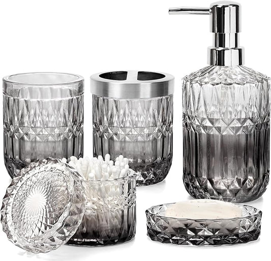 Bathroom Accessories Set, 5Pcs Bathroom Soap Dispenser Set, Glass Bathroom Accessories with Glass Soap Dispenser, Soap Dish, Toothbrush Holder, Tumbler, Cotton Swab Jar (Gradient Clear & Black)