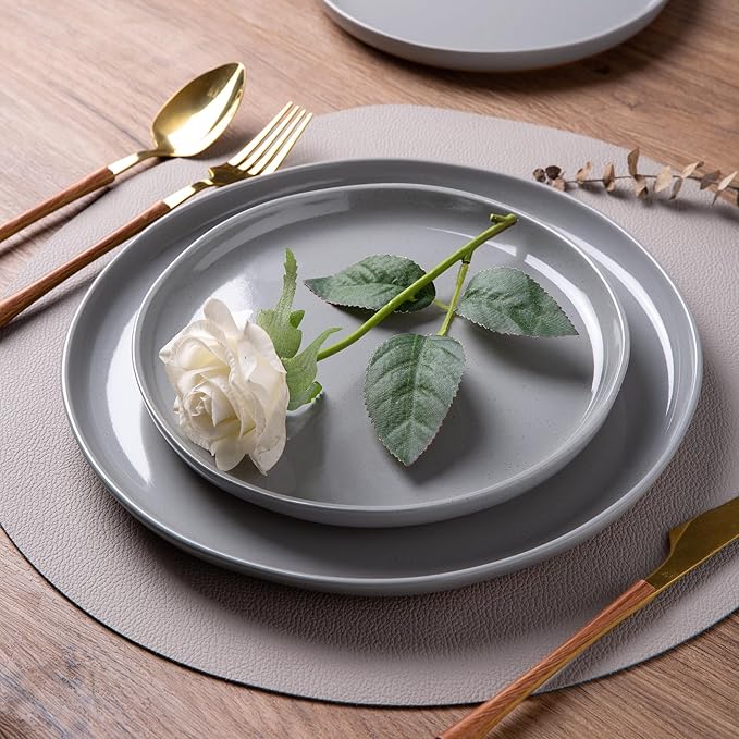 AmorArc Ceramic Dinnerware Sets for 4, 12 Pieces Handpainted Plates and Bowls Set with Rustic Terracotta Underside, Scratch Resistant Stoneware Dishes Set, Dishwasher & Microwave Safe, Gray