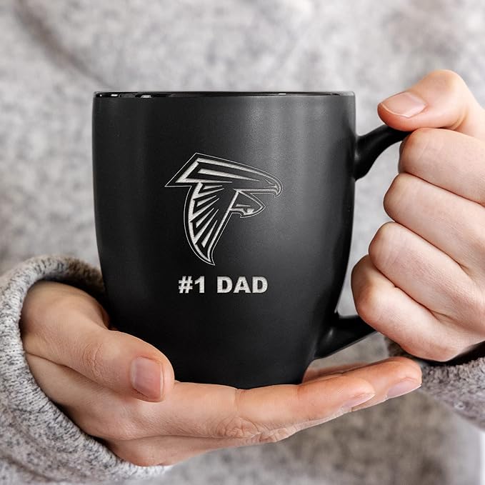 Rico Industries NFL Football #1 Dad 15oz Laser Engraved Matte Black Ceramic Bistro Mug - for Hot or Cold Drinks