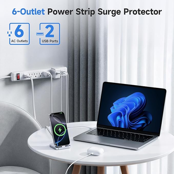 [ETL Listed] Cable Matters 2-Pack 6-Outlet Surge Protector Power Strip with USB Ports - 8ft, Long Extension Cord, Surge Protector with USB Ports, White