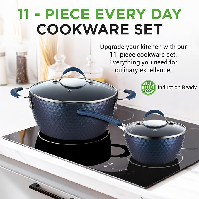 NutriChef 11-Piece Kitchen Cookware Set, Non-Stick Pots and Pans, Easy-to-Clean, Kitchen Utensils Set with Ceramic Coating for Home Cooking, Induction Safe, Diamond Pattern
