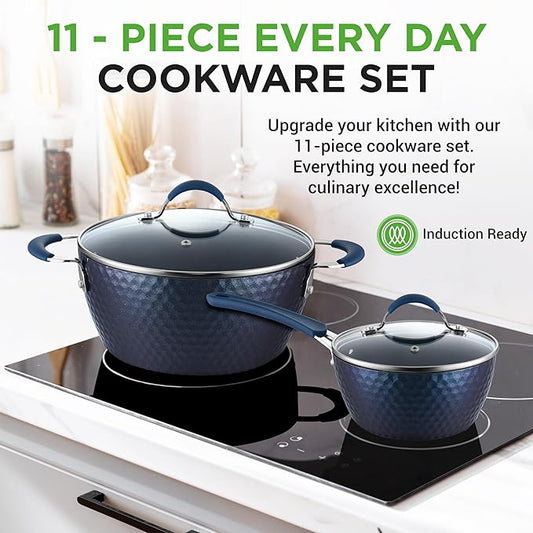 NutriChef 11-Piece Kitchen Cookware Set, Non-Stick Pots and Pans, Easy-to-Clean, Kitchen Utensils Set with Ceramic Coating for Home Cooking, Induction Safe, Diamond Pattern