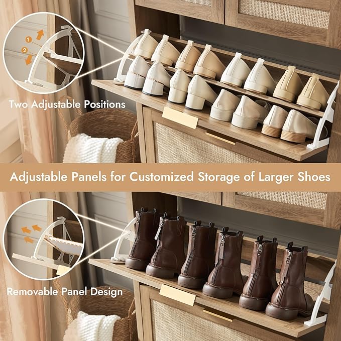 Rattan Shoe Storage Cabinet with 2 Drawers & 2 Flip Drawers – Hidden Slim Shoe Organizer for Entryway, Large Tabletop Space, Farmhouse Boho Narrow Shoe Rack, Rustic Oak