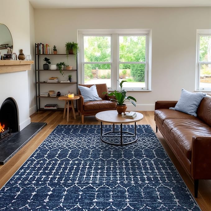 Lahome Moroccan Living Room Rug 9x12 - Non-Slip Washable Ultra-Thin Soft Large Area Rug, Modern Geometric Print Stain Resistant Carpet for Bedroom Dining Room, Blue