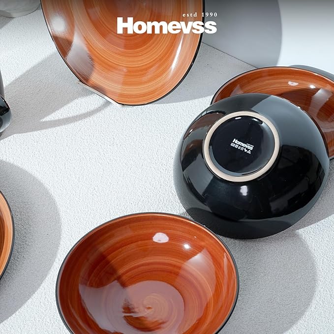 Sonoma Stoneware 16pc Dinnerware Set, Outside Black + Inside Hand Painting Color Spice