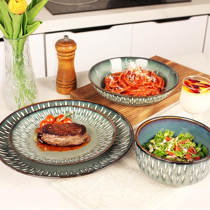 Dinnerware Sets 16 Pieces - Round Reactive Glaze Tableware - Kitchen Dinnerware Porcelain Crockery with Dinner Plate, Bowl and Soup Plate Service for 4, Microwave Dishwasher Safe, Set No.1