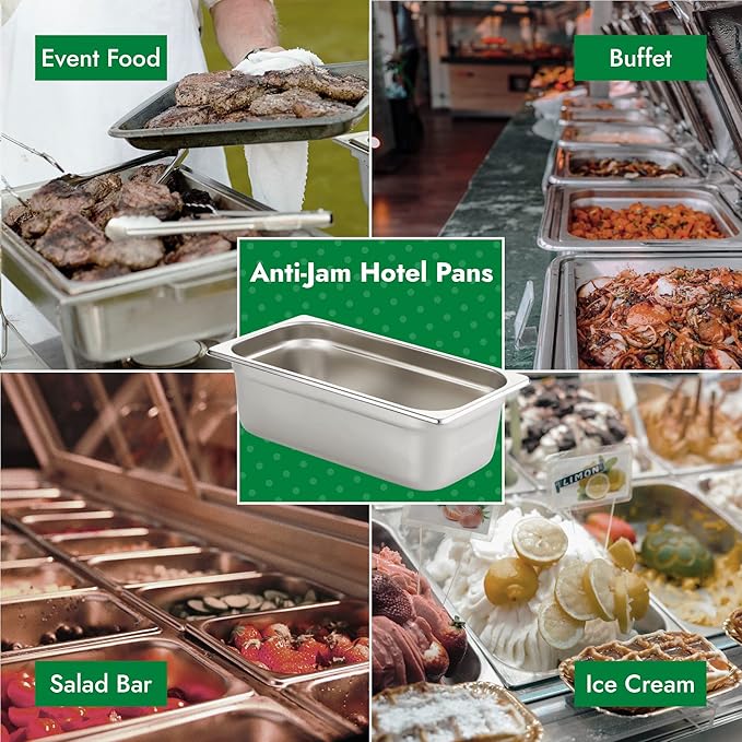 HECMAC 6 Pack Anti-Jam Hotel Pans, 1/3 Size 4 Inch Deep, Commercial Stainless Steel Chafing Steam Table Pan, Catering Storage Metal Food Pan, 23 Gauge