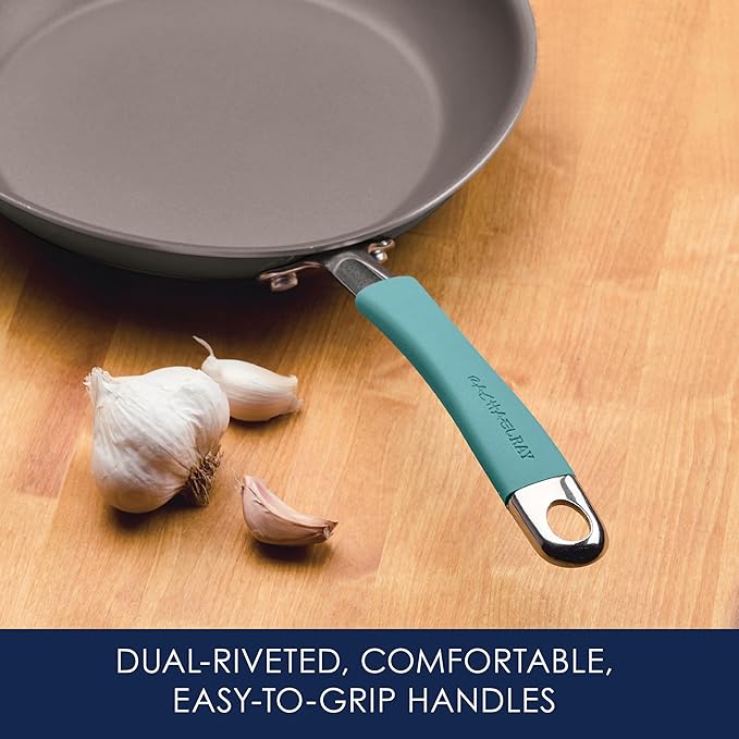 Rachael Ray Cucina Hard Anodized Nonstick Cookware Pots and Pans Set, 12 Piece, Gray with Blue Handles