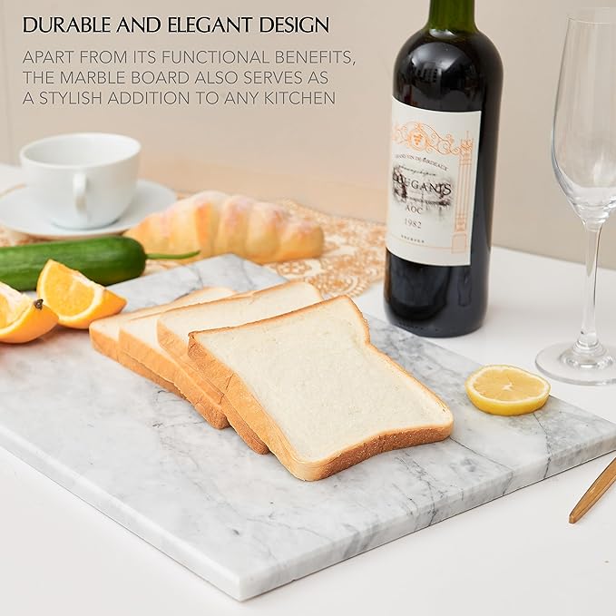 Kitchen Marble Stone Cutting Board - Marble Cutting & Charcuterie Board of 16 x 12 x 0.6 Inches, Non Slip Scratch Resistant Pastry Tray, Rectangular Serving & Chopping Slab for Countertop - White
