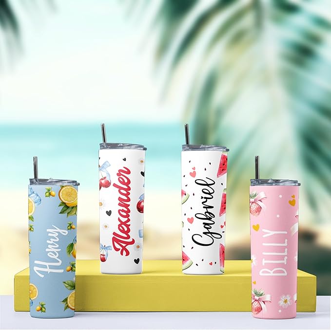 Personalized 20 Oz Skinny Tumbler - Custom Name Skinny Tumbler with Summer Design, BPA-Free Stainless Steel, 6 Designs - Customized Summer Gift