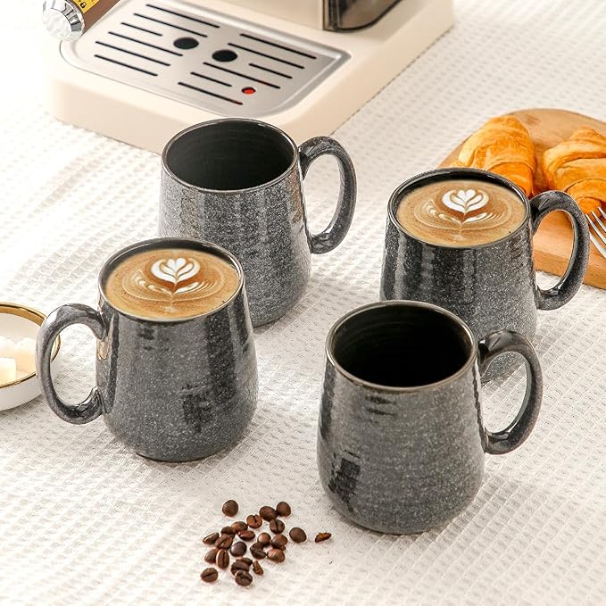 HASENSE Ceramic Coffee Mugs - 15 OZ Large Coffee Cups Set of 4 with Handle for Hot Beverage, Porcelain Latte Mugs for Tea, Milk, Cocoa, Cappuccino and Mocha, Microwave and Dishwasher Safe, Grey