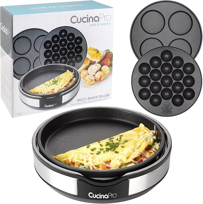 Multi Baker Deluxe- Holiday Baking Made Easy- Electric Appliance w Temp Control 3 Interchangeable Skillets for Grilling, Baking, Dessert Making- Grilled Cheese Omelets Pizza Sandwiches Cake Pops, Gift